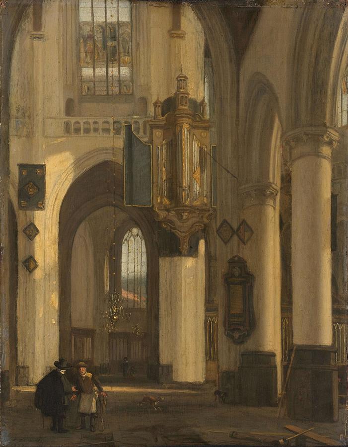 Interior of a Protestant Gothic Church with Motifs from the Oude and Nieuwe Kerk in Amsterdam. Da... #1 Painting by Emanuel de Witte