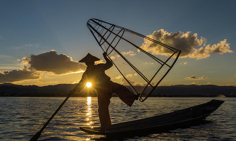 Intha fisherman on Lake Inle in Myanmar #2 Photograph by Ann Moore
