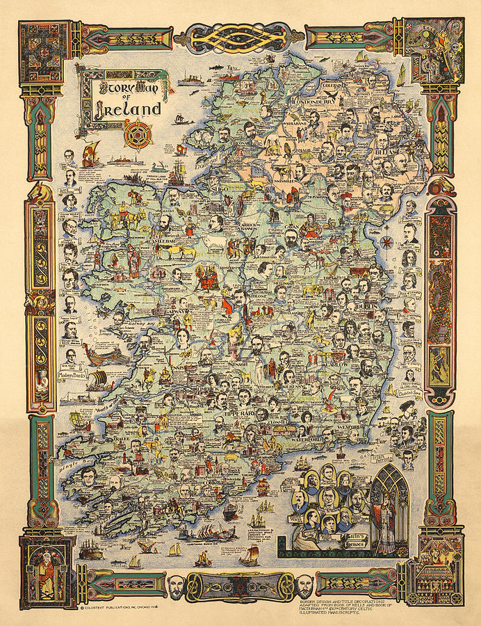 Ireland - Pictorial, Vintage, Old Map Digital Art by Owl Gallery - Fine