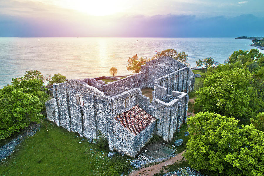 Island of Krk Fulfinum Mirine basilica ruins near Omisalj aerial viev #1 Photograph by Brch Photography