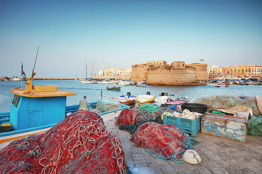 Italy, Apulia, Lecce District, Salento, Gallipoli, View Of The Fishing Harbor With The Castle Designed By Francesco Di Giorgio Martini #1 Digital Art by Richard Taylor