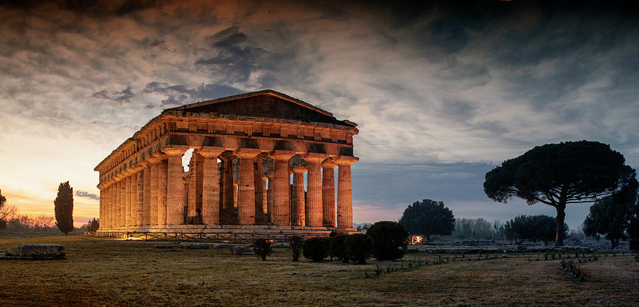 Italy, Campania, Salerno District, Cilento, Paestum, The Neptune Temple V, Considered The Most Important Doric-templar Architecture In Italy. Time Lapse #1 Digital Art by Guido Baviera