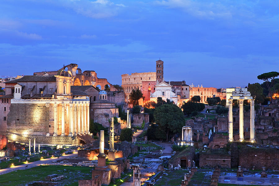 Italy, Latium, Roma District, Mediterranean Area, Rome, Roman Forum, View From The Campidoglio Palace Towards The Coliseum #1 Digital Art by Luigi Vaccarella