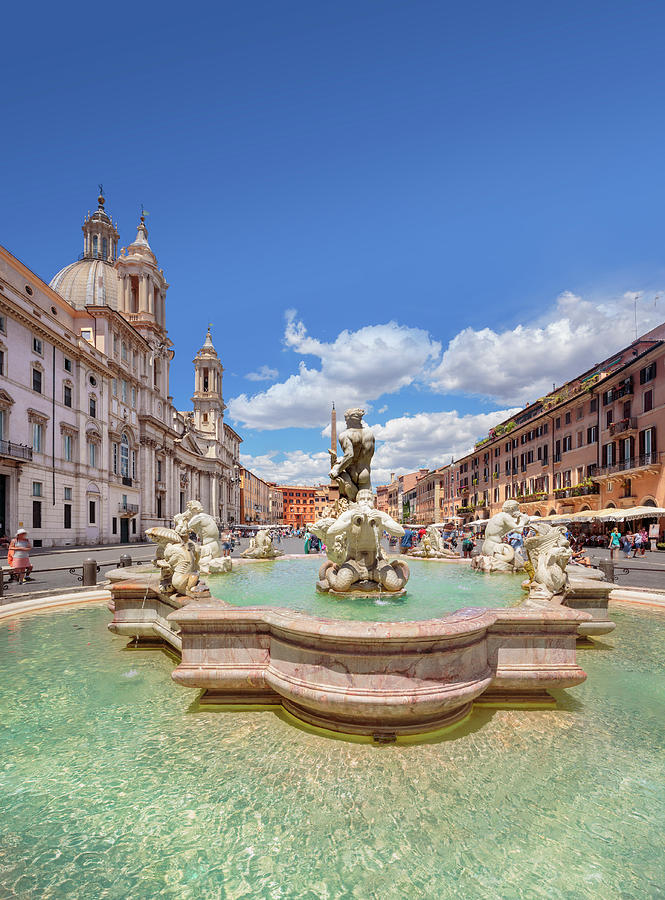 Italy, Latium, Roma District, Rome, Piazza Navona, Piazza Navona At Daylight. Moro Fountain. Moros Fountain #1 Digital Art by Paolo Giocoso