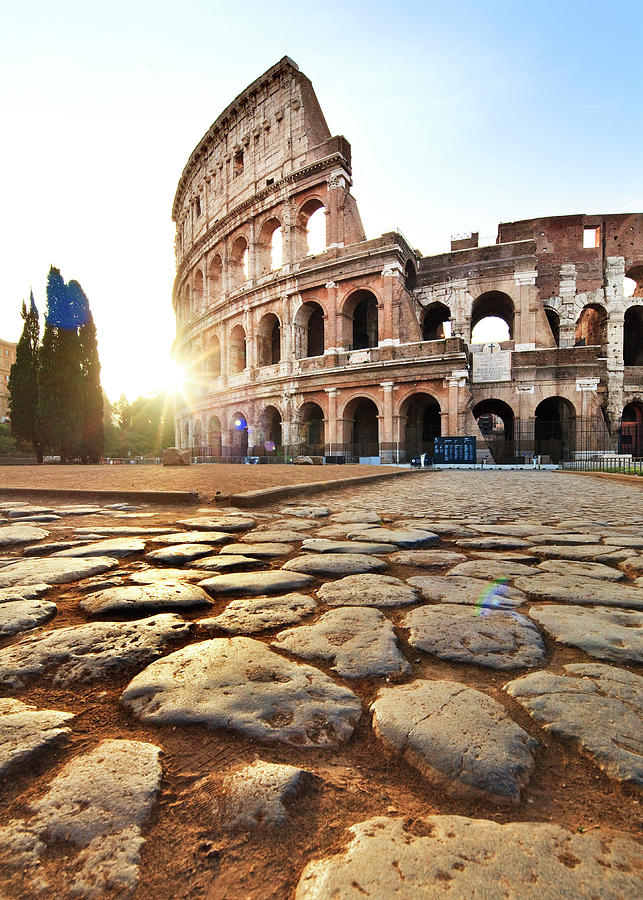 Italy, Latium, Roma District, Rome, Roman Forum, Colosseum, Sunrise Over The Amphitheater Flavius #1 Digital Art by Luigi Vaccarella