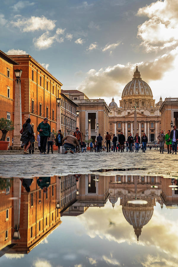 Italy, Latium, Roma District, Vatican City, Rome, St Peters Square, St Peters Basilica, Basilica With Its Dome Reflecting In A Pool Of Water #1 Digital Art by Luigi Vaccarella