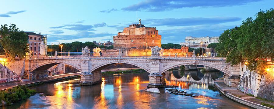 Italy, Latium, Tiber, Tevere, Tiber, Roma District, Rome, Mausoleum Of Hadrian, Castel Santangelo Illuminated At Dusk #1 Digital Art by Luigi Vaccarella
