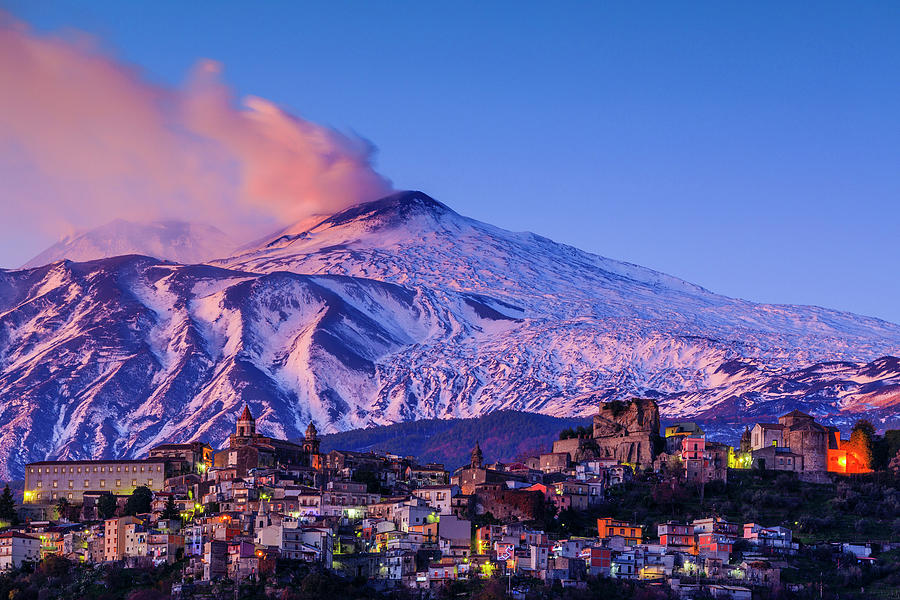 Italy, Sicily, Catania District, Mount Etna, Castiglione Di Sicilia, Town With Mount Etna In Background, Eruption #1 Digital Art by Alessandro Saffo