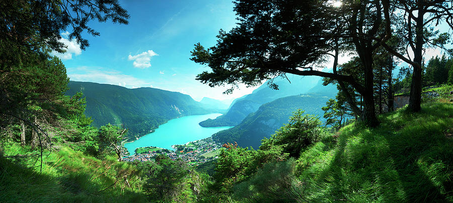 Italy, Trentino-alto Adige, Trento District, Alps, Val Di Non, Molveno, The Lake, The Village And The Brenta Mounts #1 Digital Art by Luca Da Ros
