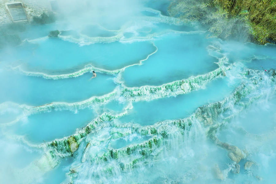 Fall Digital Art - Italy, Tuscany, Grosseto District, Maremma, Saturnia, Aerial View Of Saturnia Thermal Baths, And People Relax Inside Its Magical Spring Water In Tuscany #1 by Manfred Bortoli