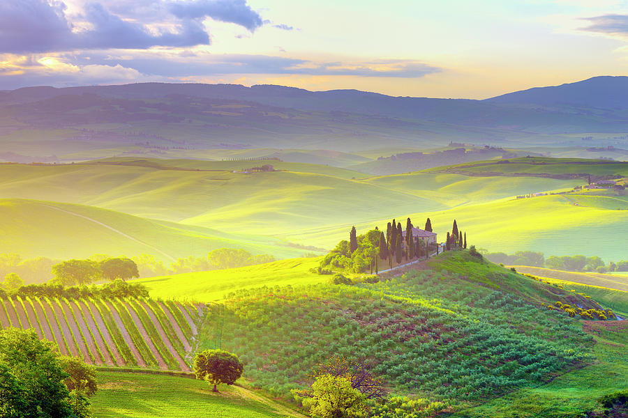 Italy, Tuscany, Siena District, Orcia Valley, Tuscan Landscape Near San Quirico D Orcia At Sunrise #1 Digital Art by Francesco Carovillano