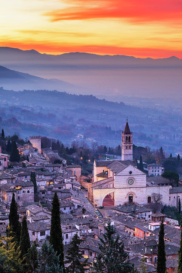 Italy, Umbria, Perugia District, Appenines, Sagrantino Wine Road, Assisi, Basilica Of Santa Chiara, Sunrise Over The Hilltop City #1 Digital Art by Luigi Vaccarella