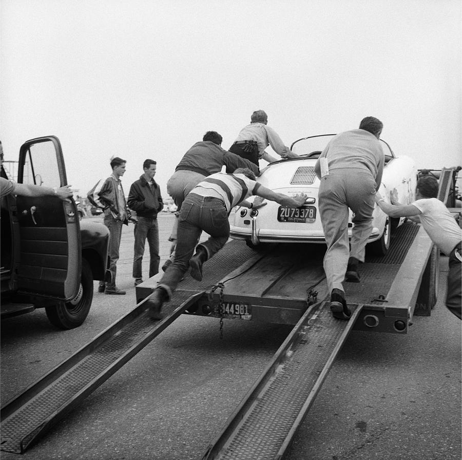 James Dean Photograph - James Dean Pushing Porsche At Car Rally #1 by Frank Worth