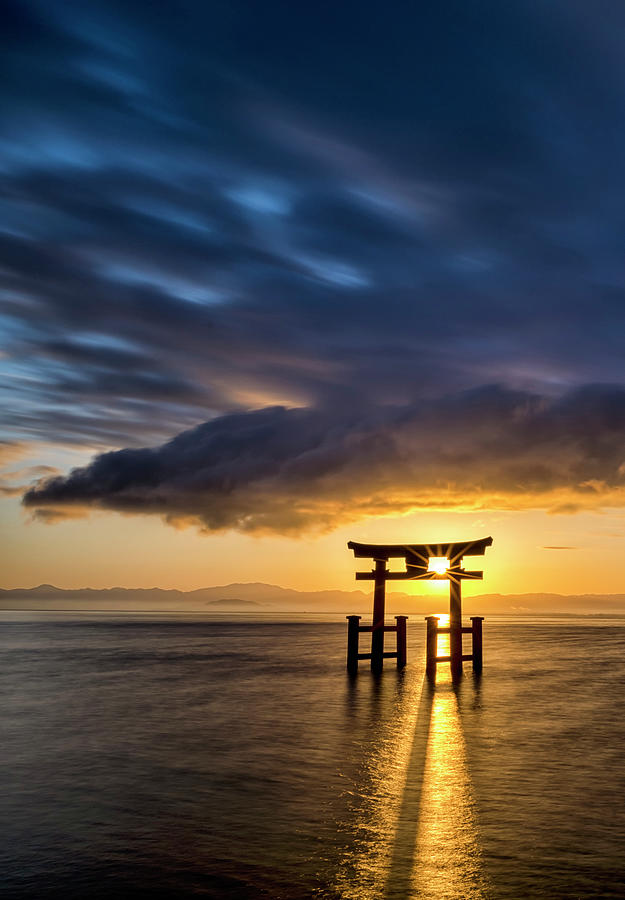 Japan, Kinki, Kansai, Torii Gate In Lake Biwa At Sunrise, Takashima ...