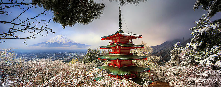 Architecture Digital Art - Japan, Mount Fuji & Chureito Pagoda #1 by Maurizio Rellini
