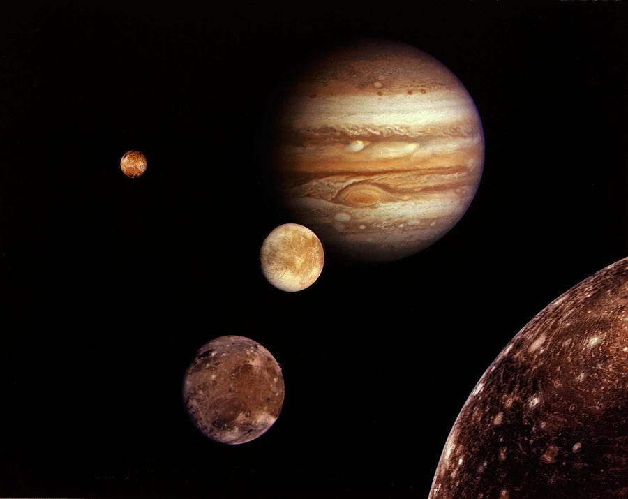 Jupiter and its four planet-size moons, called the Galilean satellites, #1 Painting by Celestial Images