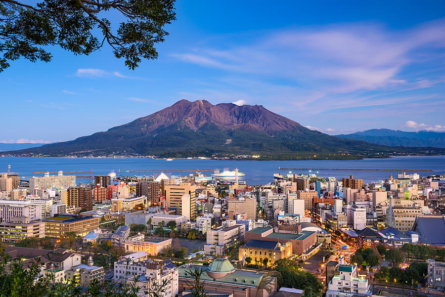 Landscape Photograph - Kagoshima, Japan City Skyline #1 by Sean Pavone