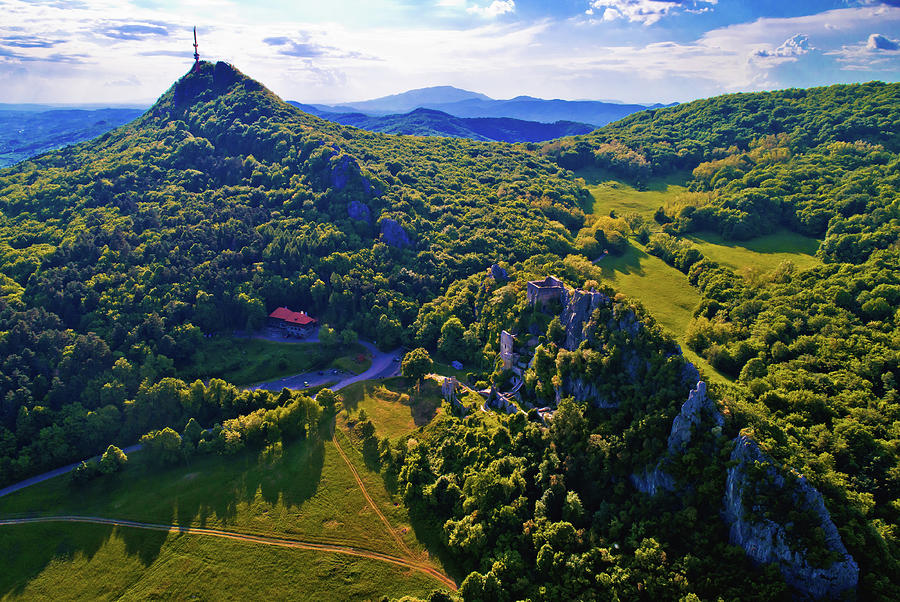 Kalnik mountain ridge and old fortress ruins aerial view #1 Photograph by Brch Photography