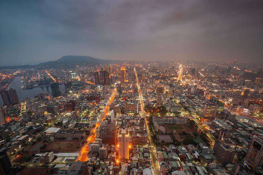 Architecture Photograph - Kaohsiung, Taiwan Cityscape At Dusk #1 by Sean Pavone