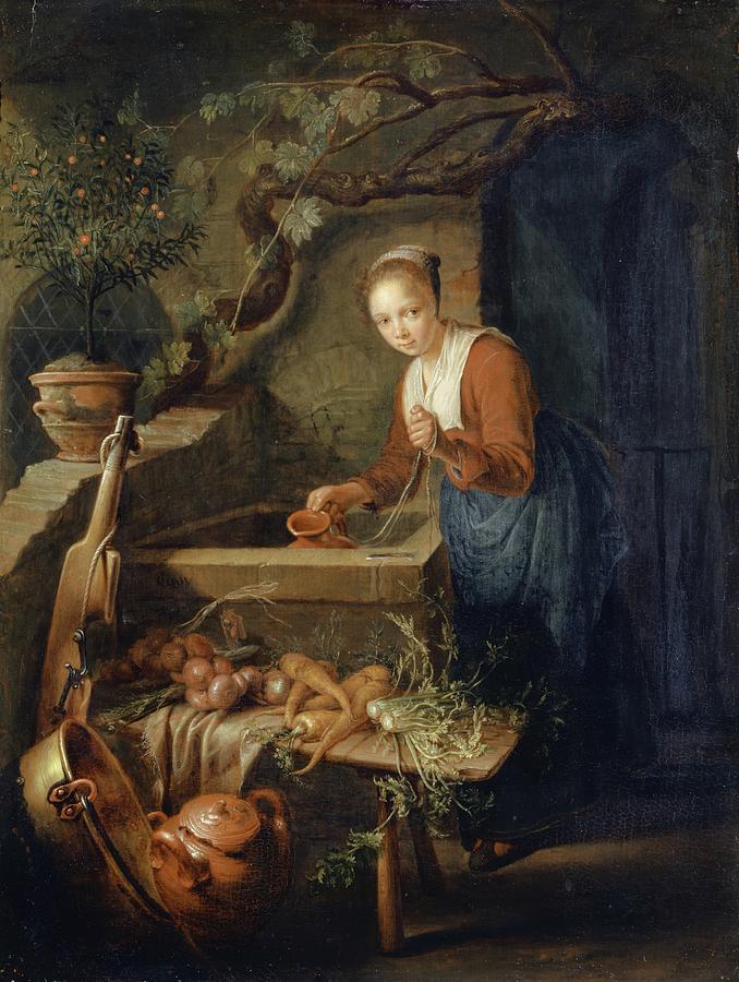 Vegetable Painting - Kitchen Maid At The Well by Gerrit Dou