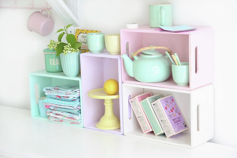 Kitchen Shelving Modules Made From Wooden Crates Painted In Pastel Shades #1 Photograph by Syl Loves