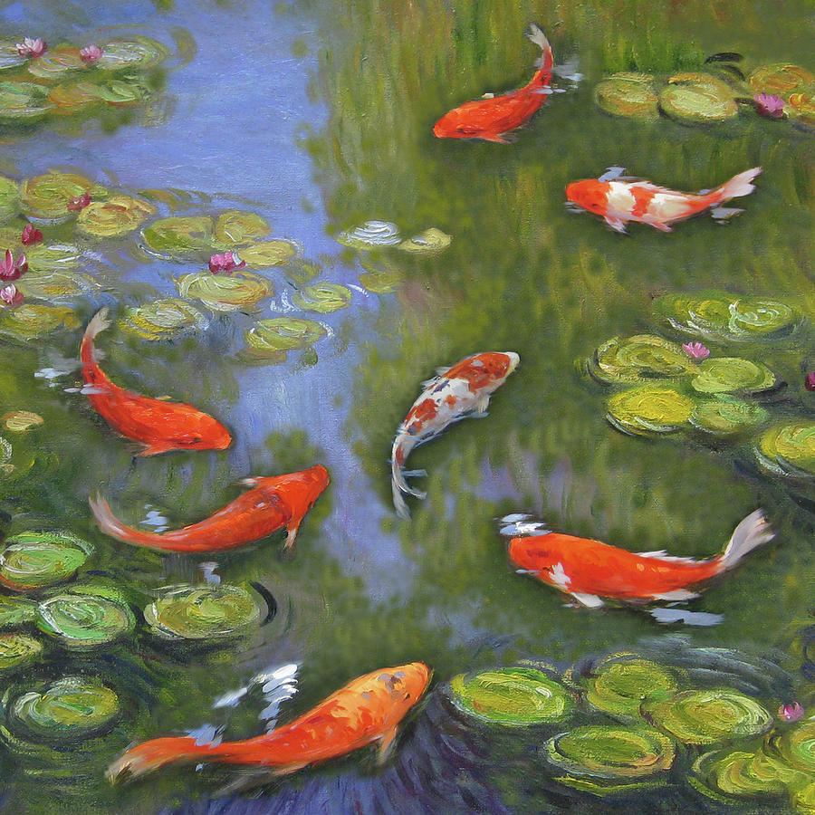 Koi Fish And Water Lily Painting By Enxu Zhou