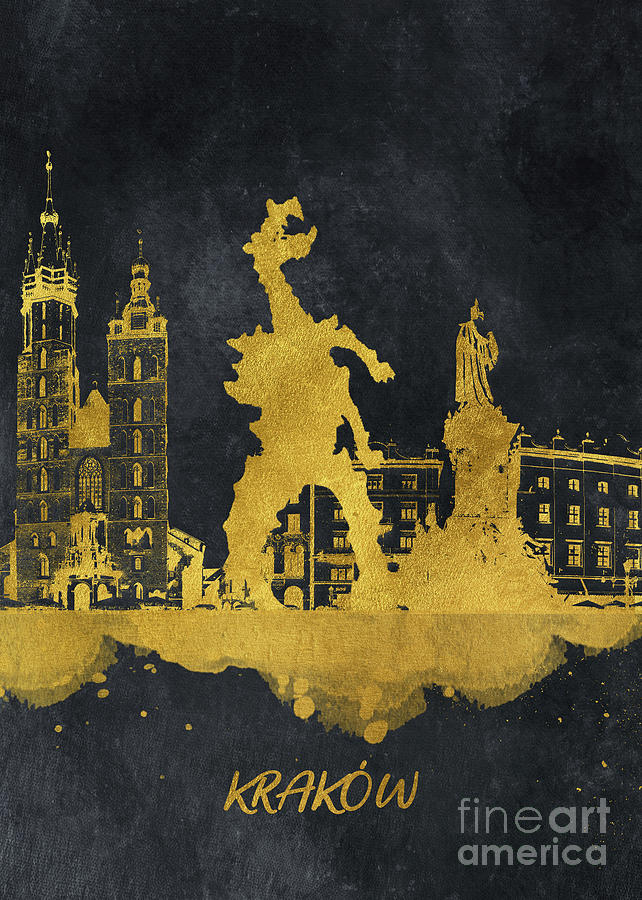 Krakow Skyline Gold Black Digital Art
