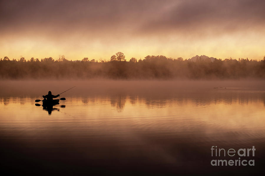 Inspirational Photograph - Lake Cassidy Sunrise with Mount Pilchuck and Fisherman #1 by Jim Corwin
