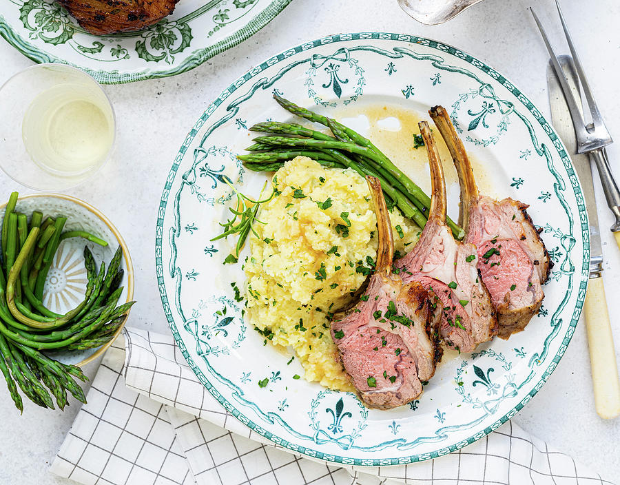 Lamb Rack With Potato Salad And Wild Asparagus #1 Photograph by Lucy Parissi
