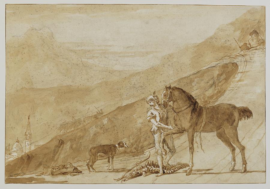Vintage Drawing - Landscape With A Horse Held By A Page by Giovanni Domenico Tiepolo