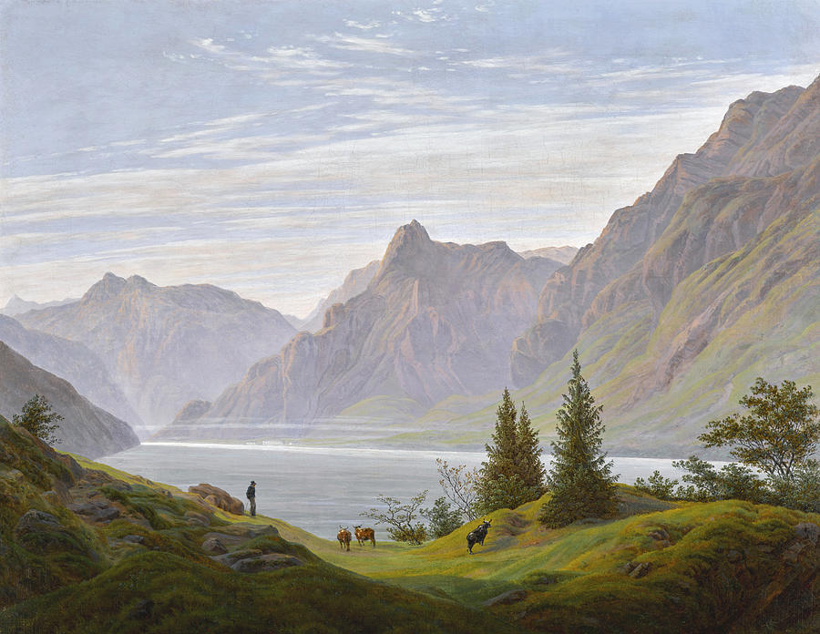Landscape with Mountain Lake, Morning #2 Painting by Caspar David Friedrich