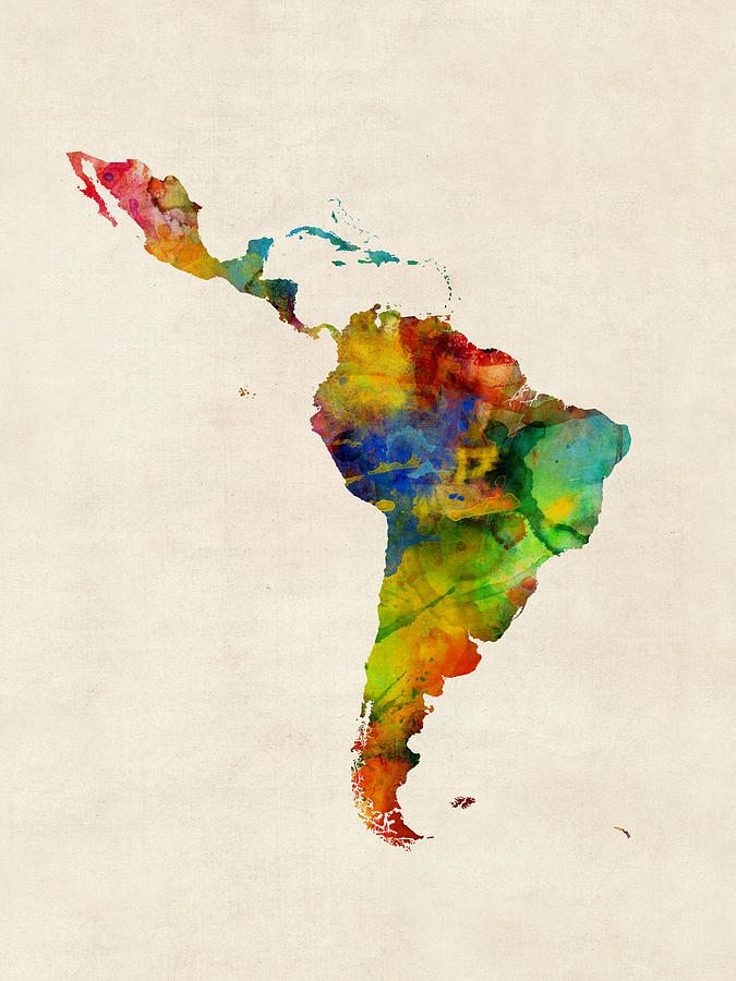 Abstract Digital Art - Latin America Watercolor Map #1 by Michael Tompsett
