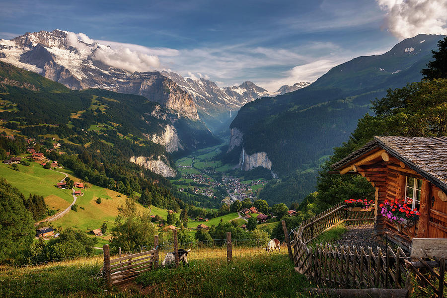 Lauterbrunnen valley in the Swiss Alps viewed from the alpine village ...