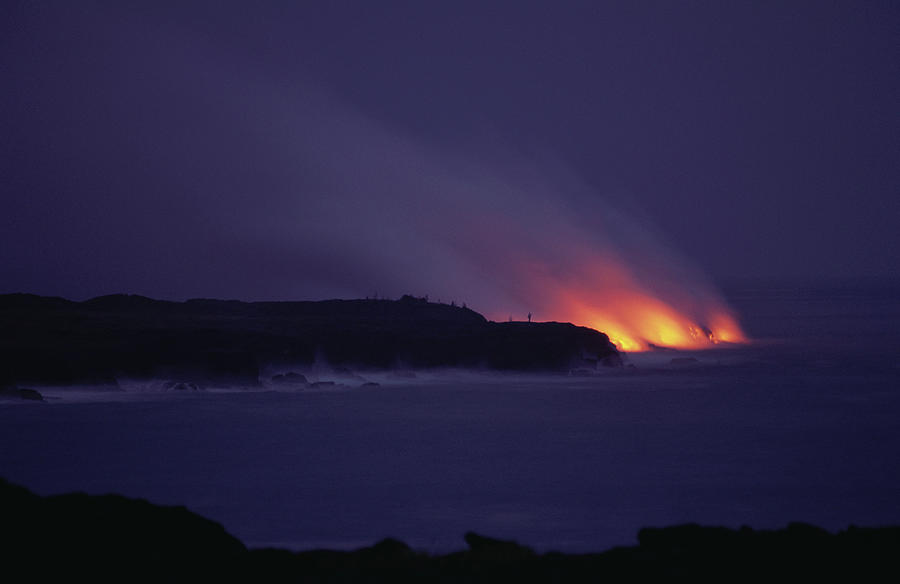Lava Flow At Night, Puu Oo Crater, Flowing Into The Sea Near Kamoamoa, Kilauea, Big Island, Hawaii, Usa #1 Photograph by Thomas Peter Widmann