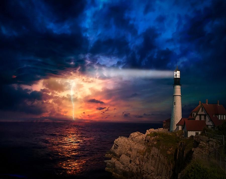 Lighthouse Beam Duskscape With Electrical Storm On The Horizon L B ...