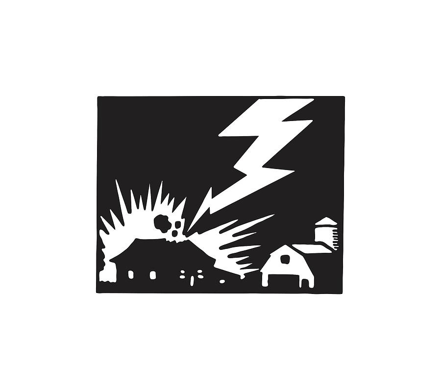 Black And White Drawing - Lightning Striking House on Farm #1 by CSA Images