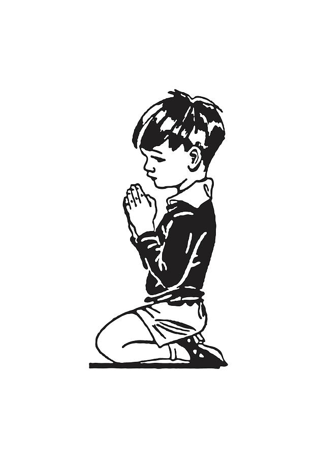 Black And White Drawing - Little Boy Praying on Knees #1 by CSA Images