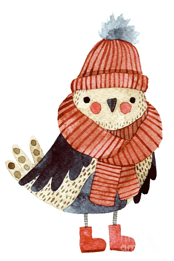 Owl Digital Art - Little Cute Bullfinch With Winter Hat by Maria Sem