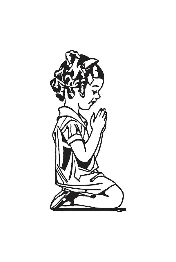 Black And White Drawing - Little Girl Praying on Knees #1 by CSA Images