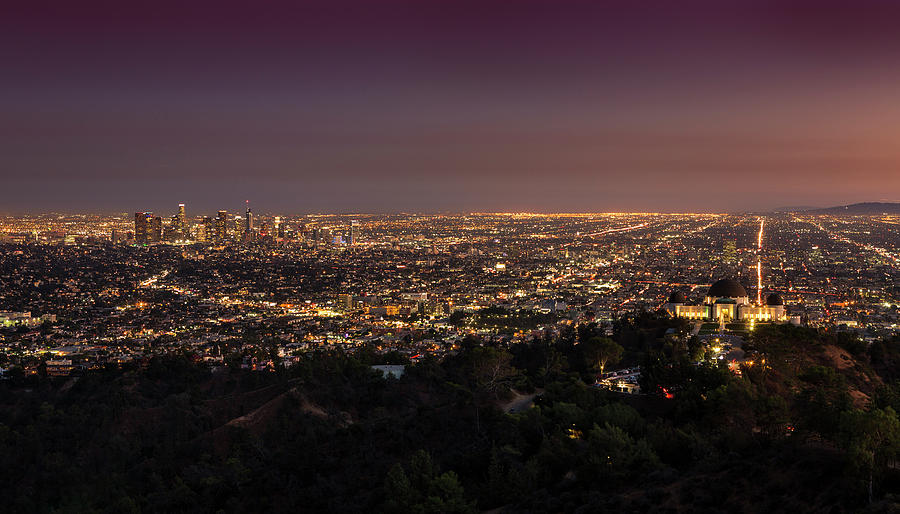 Los Angeles Skyline At Night With Griffith Observatory, Usa Photograph ...