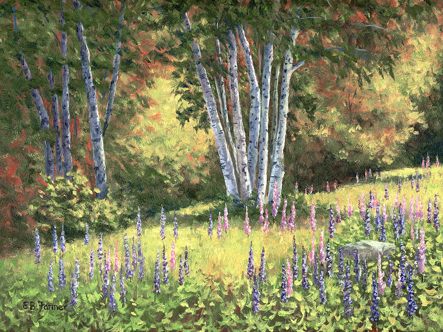 Lupine with Birch in Field Painting by Elaine Farmer