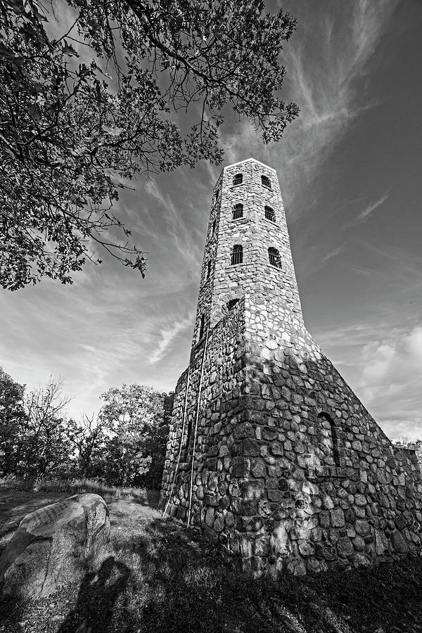 Lynn Woods Stone Tower Fall Foliage Lynn Massachusetts Sunrise Black and White #1 Photograph by Toby McGuire