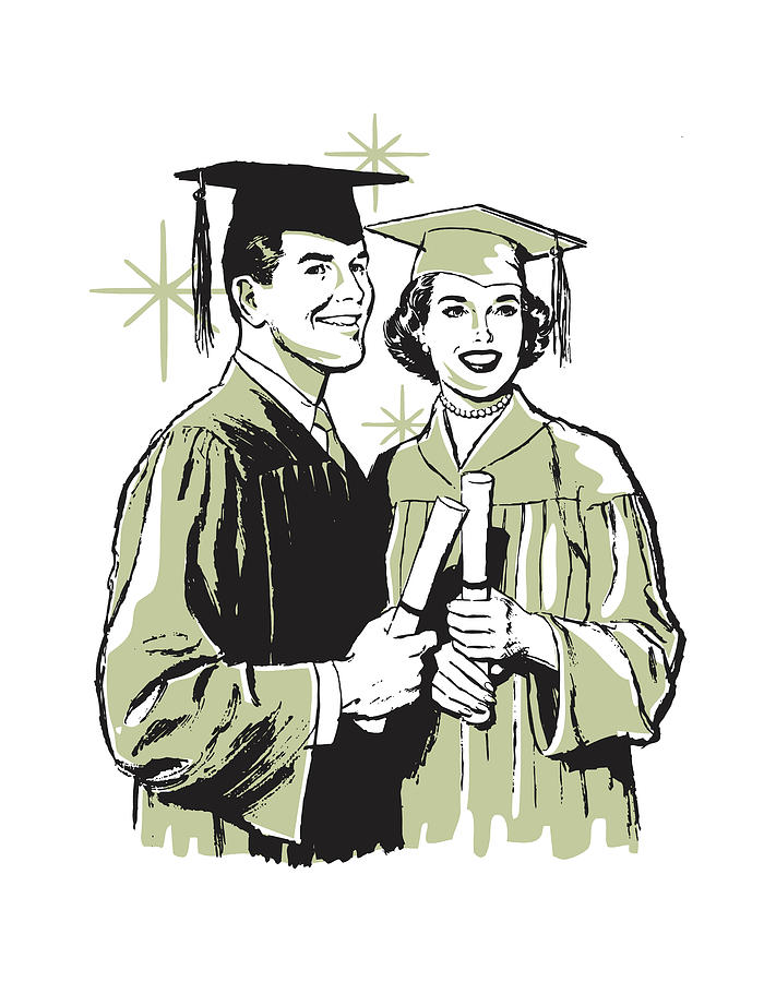 Vintage Drawing - Male and Female Graduates with Diplomas #1 by CSA Images