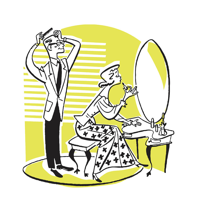Vintage Drawing - Man and Woman Getting Ready in Mirror of Dressing Table #1 by CSA Images