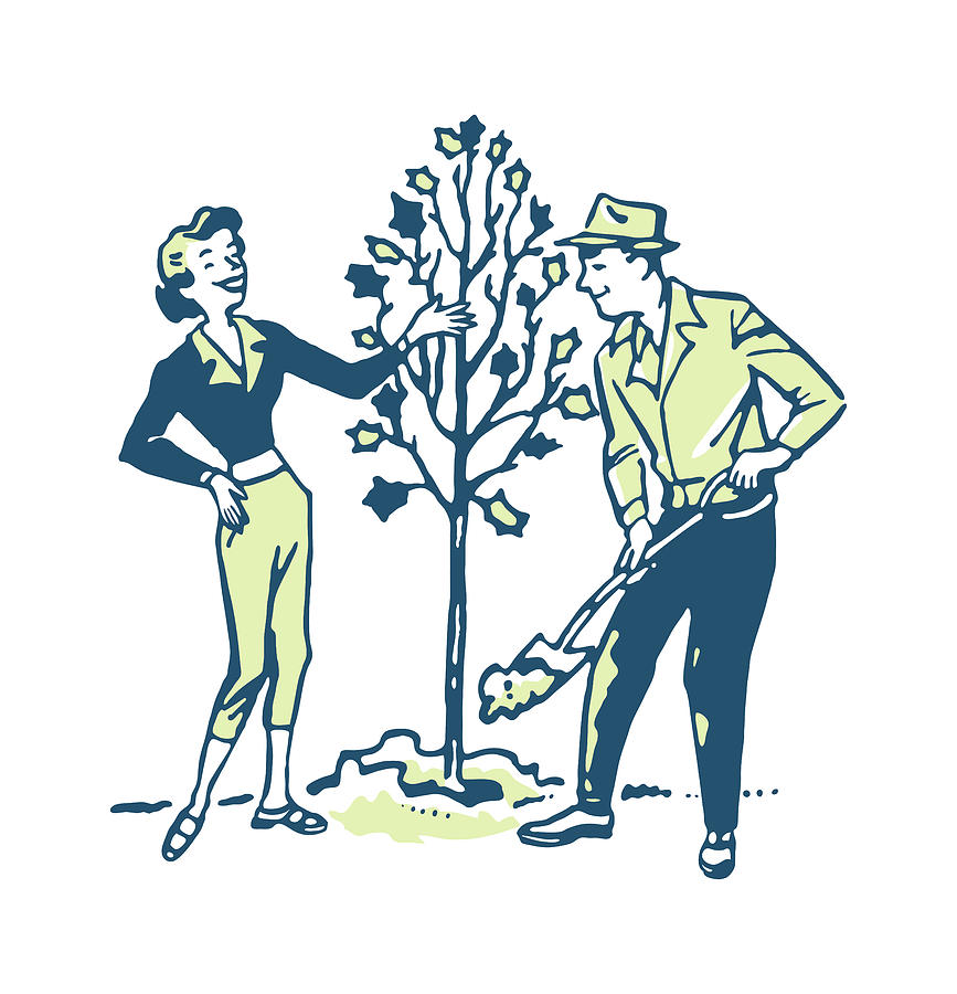Nature Drawing - Man and Woman Planting a Tree #1 by CSA Images