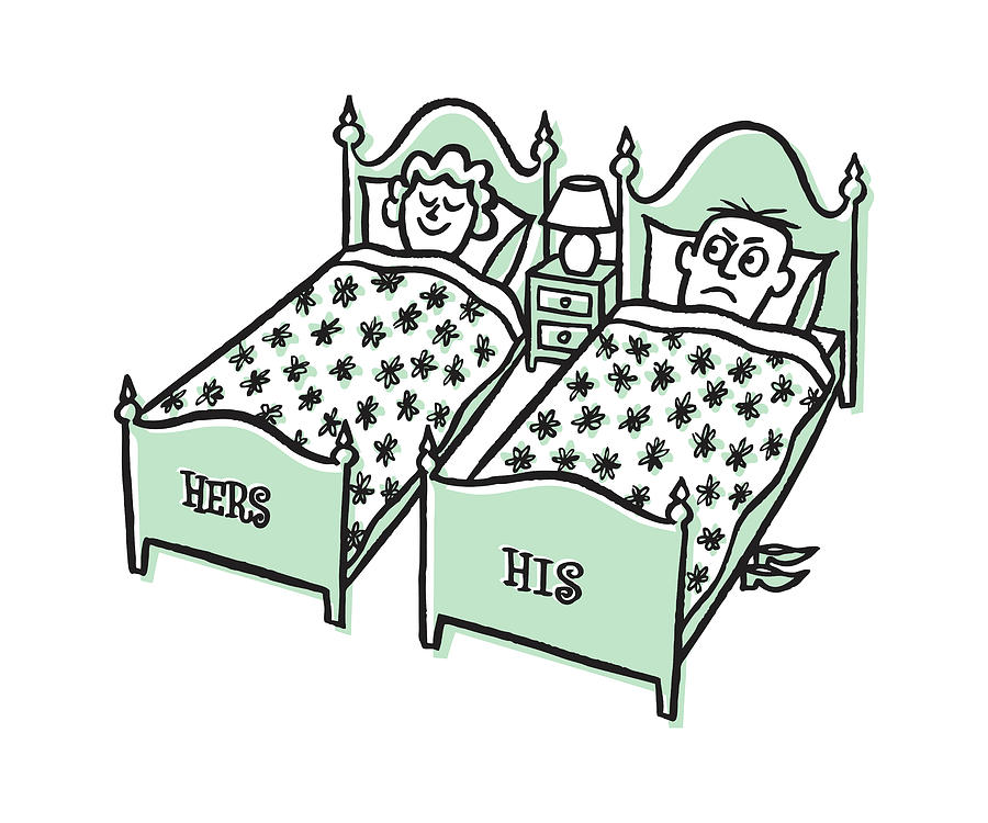 Vintage Drawing - Man and Woman Sleeping in Different Beds #1 by CSA Images