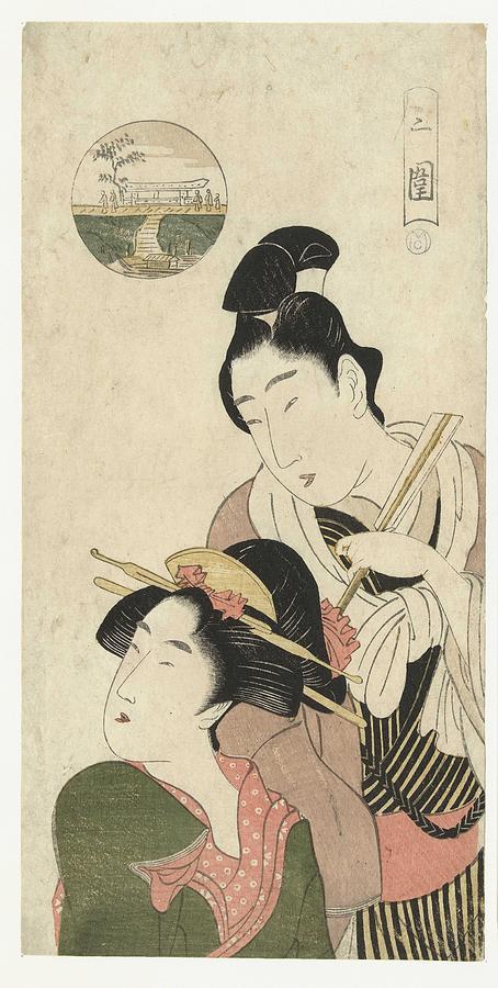 Man And Woman Thinking About Visit To Mimeguri, Momokawa Choki Attributed To, 1800 - 1809 Painting