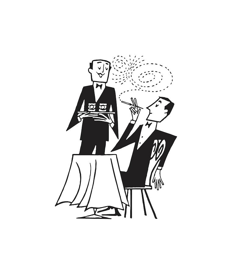 Black And White Drawing - Man at Table for One Smoking and Talking to Waiter #1 by CSA Images