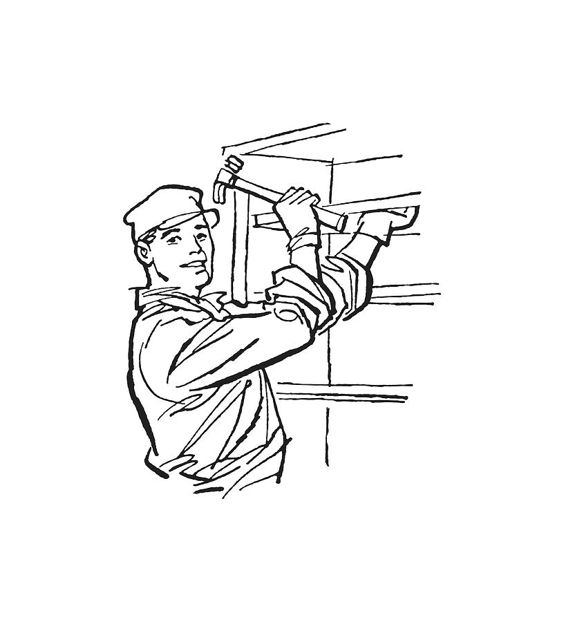 Man Building Shelves Drawing by CSA Images - Fine Art America