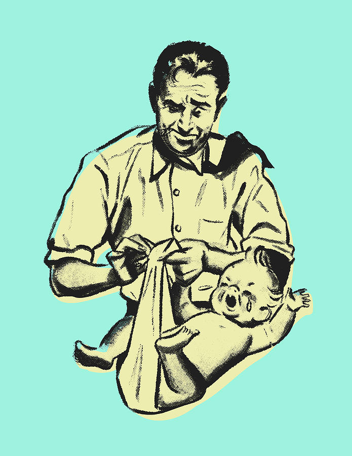 Vintage Drawing - Man Changing a Diaper #1 by CSA Images